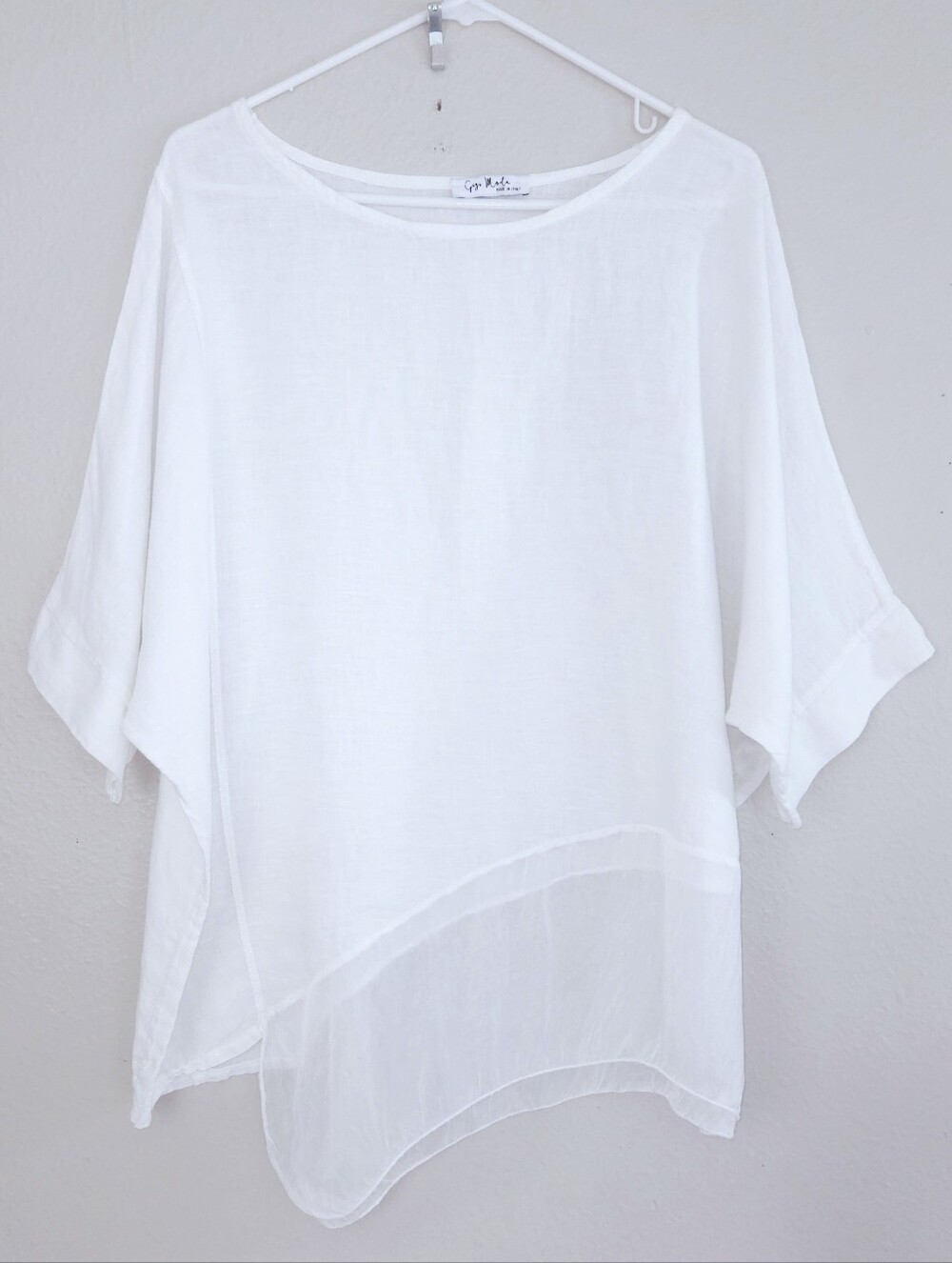 Gigi Moda Linen Blouse White Relaxed Lagenlook Assymetrical Top